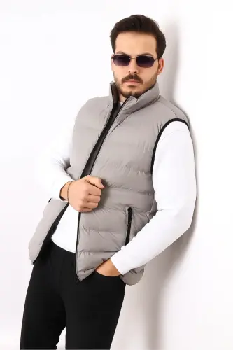 Men's Sleeveless Zippered Pocket Basic Smoke Gray Padded Vest-TOPRAK - 5