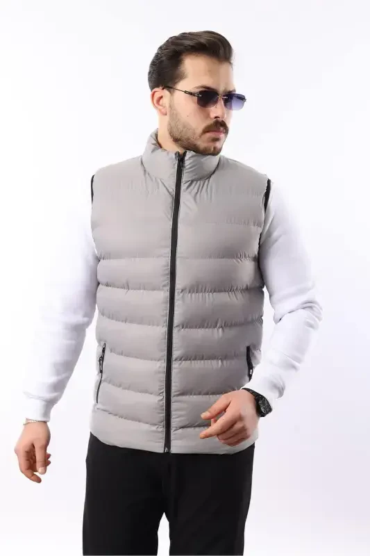 Men's Sleeveless Zippered Pocket Basic Smoke Gray Padded Vest-TOPRAK - 3