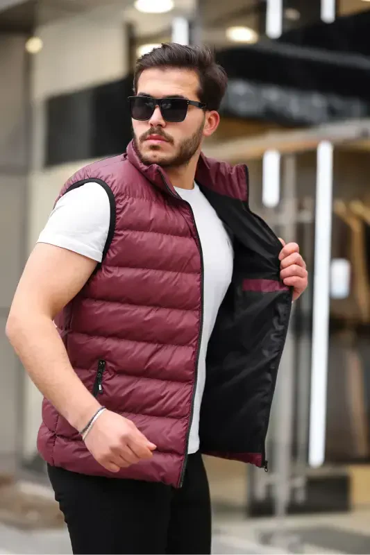 Men's Sleeveless Zippered Pocketed Basic Burgundy Padded Vest-BURGUNDY - TREND YAŞAR