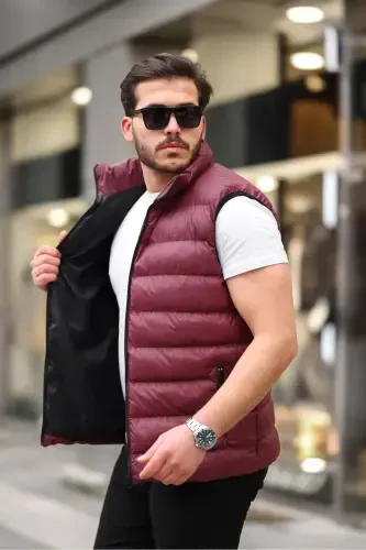 Men's Sleeveless Zippered Pocketed Basic Burgundy Padded Vest-BURGUNDY - TREND YAŞAR (1)