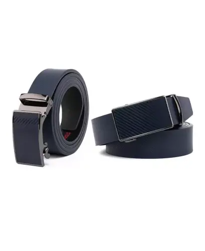 Men's Sliding Buckle Adjustable Leather Ratchet Belt-Navy - 3
