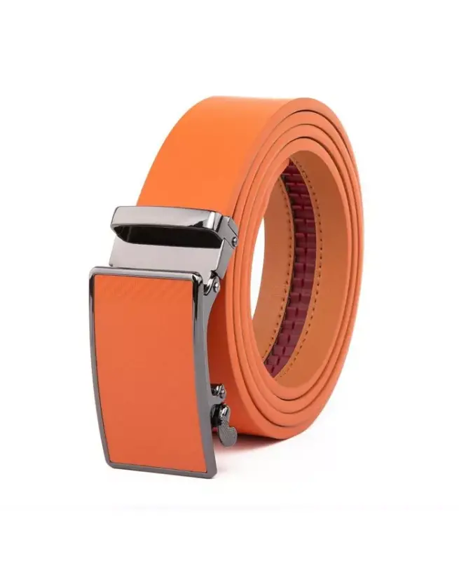 Men's Sliding Buckle Adjustable Leather Ratchet Belt-Orange - 2