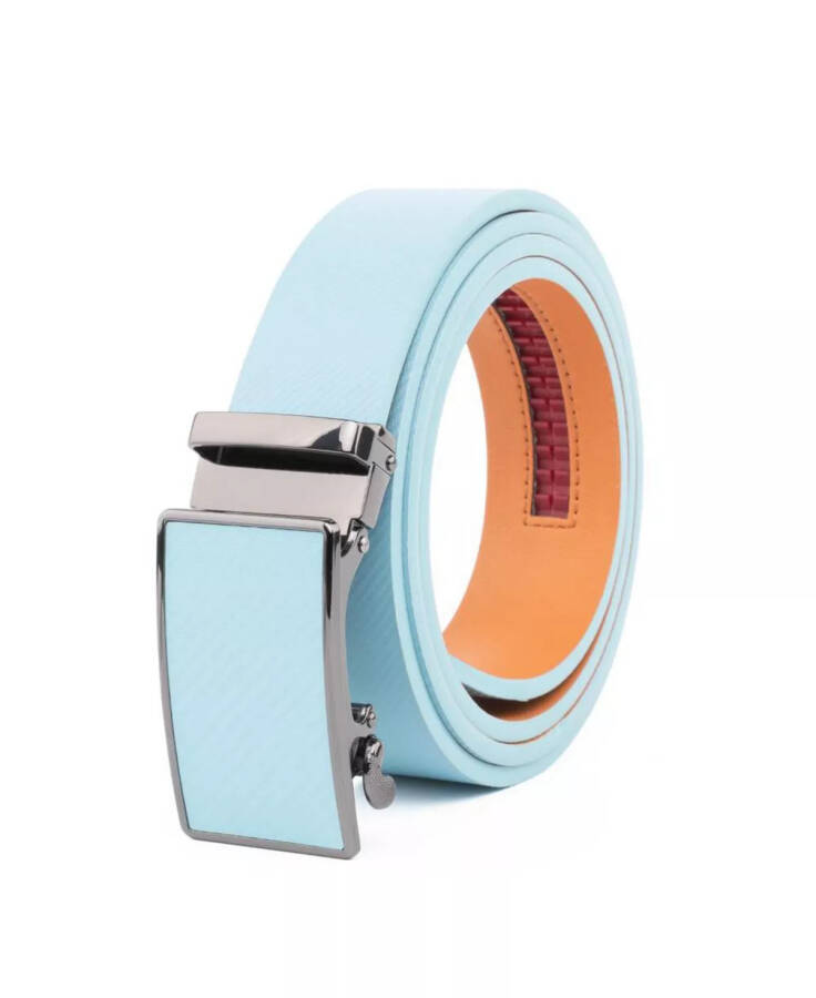 Men's Sliding Buckle Adjustable Leather Ratchet Belt Sky Blue - 2