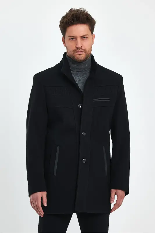 Men's Slim Fit Black Cashmere Coat - 2