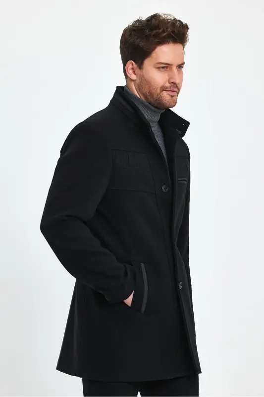 Men's Slim Fit Black Cashmere Coat - 3