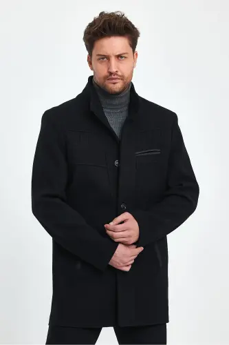 Men's Slim Fit Black Cashmere Coat - 4
