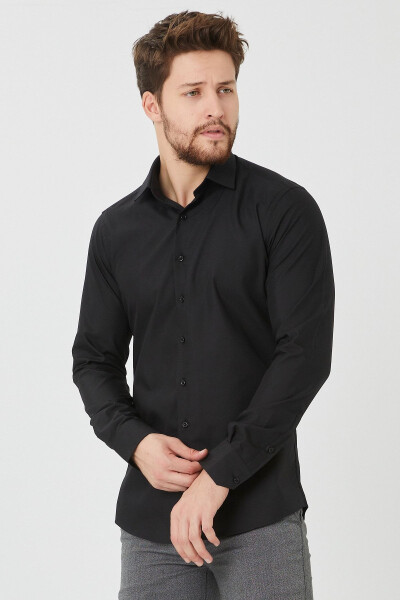 Men's Slim Fit Black Plain Shirt - 1