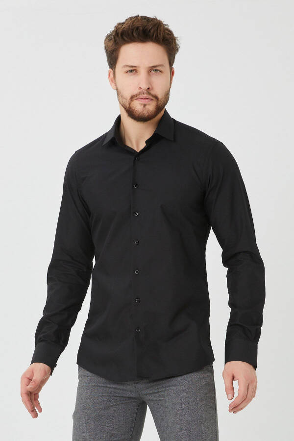 Men's Slim Fit Black Plain Shirt - 2