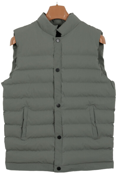 Men's Slim Fit Carbon Leather Green Puffer Vest - 1