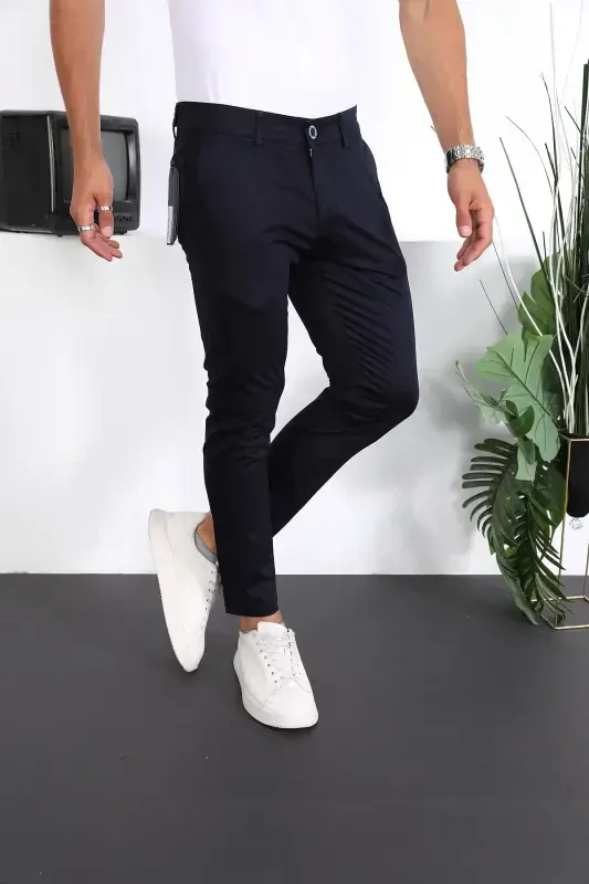 Men's Slim Fit Chino Trousers Lennberg-Navy Blue - 3