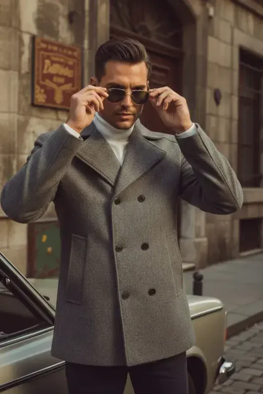 Men's slim fit double-breasted cashmere coat, medium gray - TWENHIL