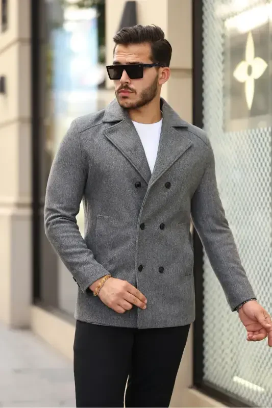 Men's slim fit double-breasted cashmere coat, medium gray - 2