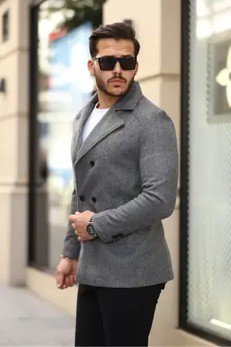 Men's slim fit double-breasted cashmere coat, medium gray - 4