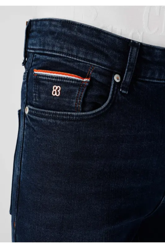 Men's slim fit, high waist, dark blue jeans. - 5