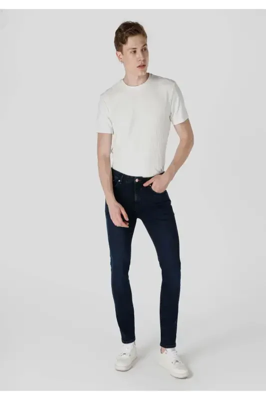 Men's slim fit, high waist, dark blue jeans. - 3