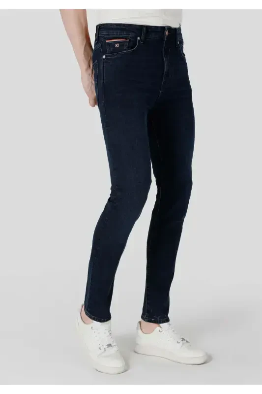 Men's slim fit, high waist, dark blue jeans. - 4