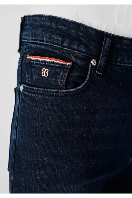 Men's slim fit, high waist, dark blue jeans. - 5