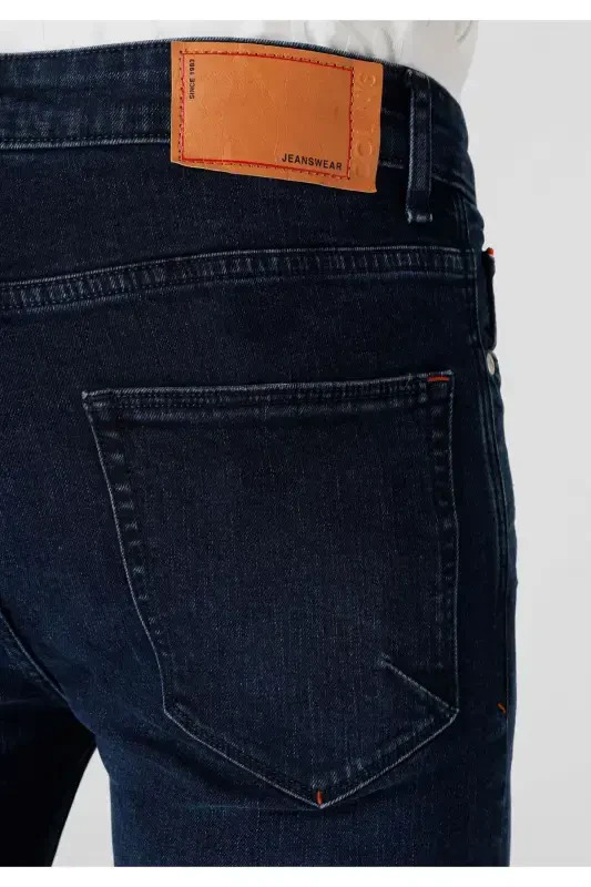 Men's slim fit, high waist, dark blue jeans. - 6