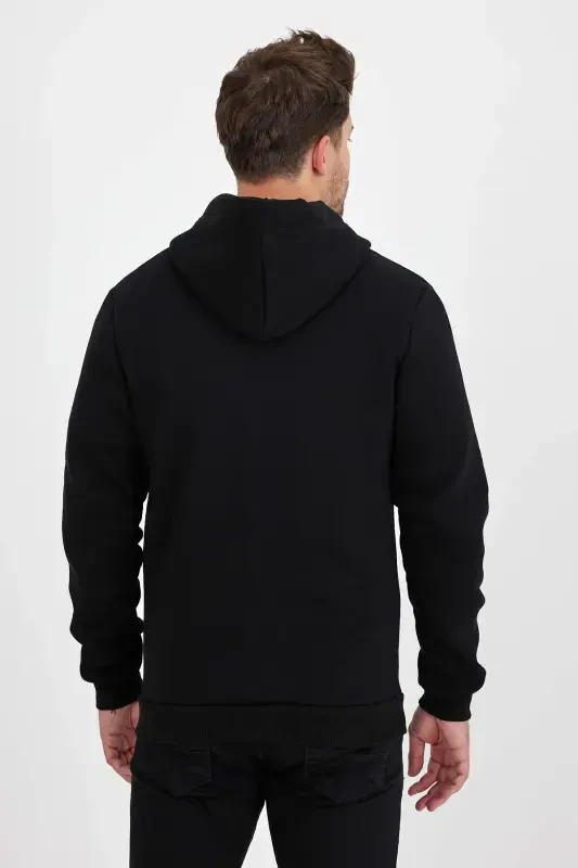 Men's Slim Fit Knit 3 Thread Zippered Fleece Cardigan Black-BLACK - CLIPMAN