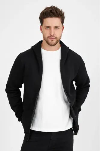 Men's Slim Fit Knit 3 Thread Zippered Fleece Cardigan Black-BLACK - 4