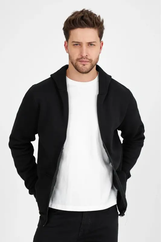 Men's Slim Fit Knit 3 Thread Zippered Fleece Cardigan Black-BLACK - 4