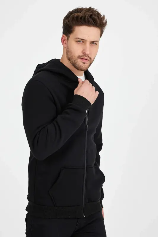 Men's Slim Fit Knit 3 Thread Zippered Fleece Cardigan Black-BLACK - 6