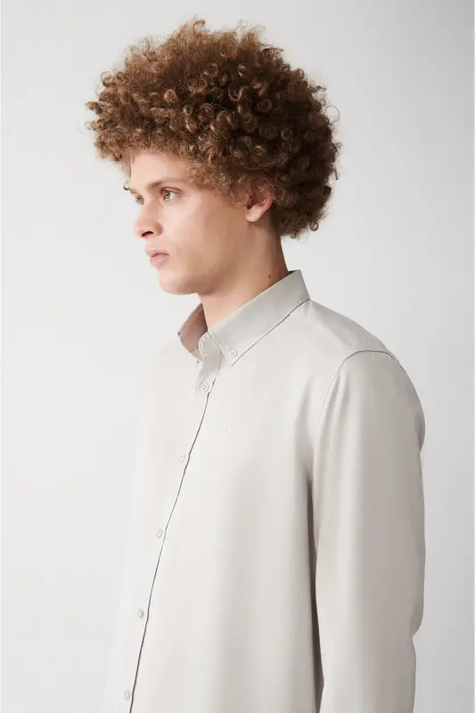 Men's Slim Fit Light Grey Button-Down Collar Linen Blend Shirt B002001-Light Grey - 2