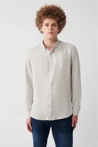 Men's Slim Fit Light Grey Button-Down Collar Linen Blend Shirt B002001-Light Grey - 3