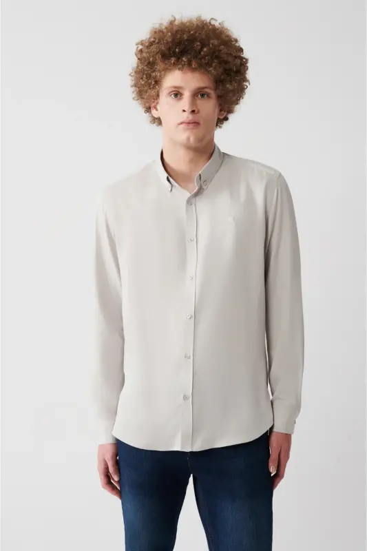 Men's Slim Fit Light Grey Button-Down Collar Linen Blend Shirt B002001-Light Grey - 3