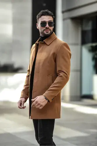 Men's Slim Fit Long Overcoat-BRICK RED - 1