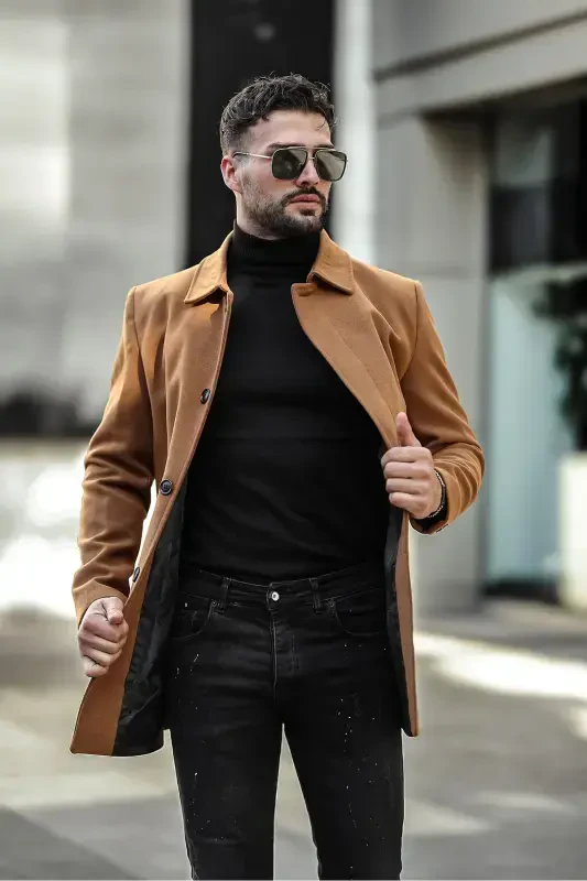 Men's Slim Fit Long Overcoat-BRICK RED - 2