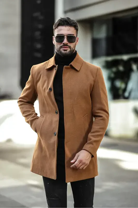 Men's Slim Fit Long Overcoat-BRICK RED - 3