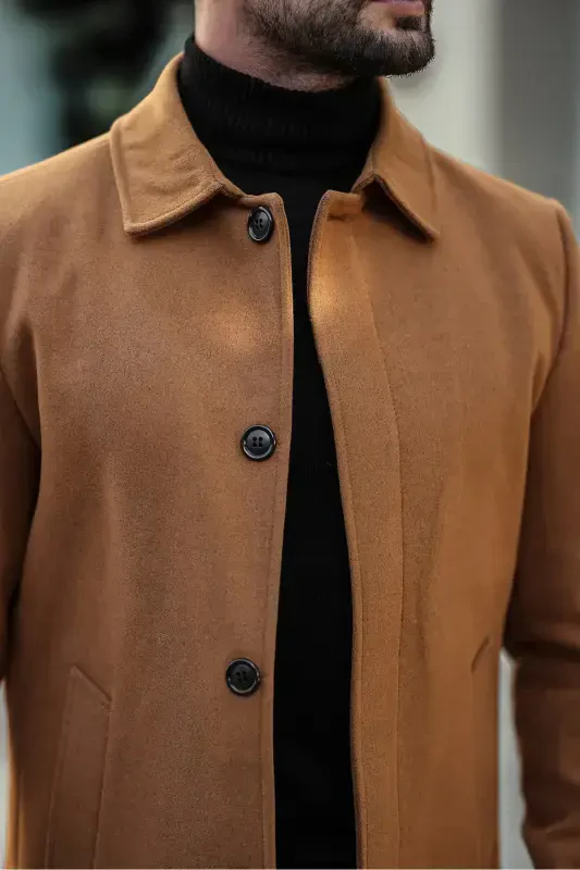 Men's Slim Fit Long Overcoat-BRICK RED - 5