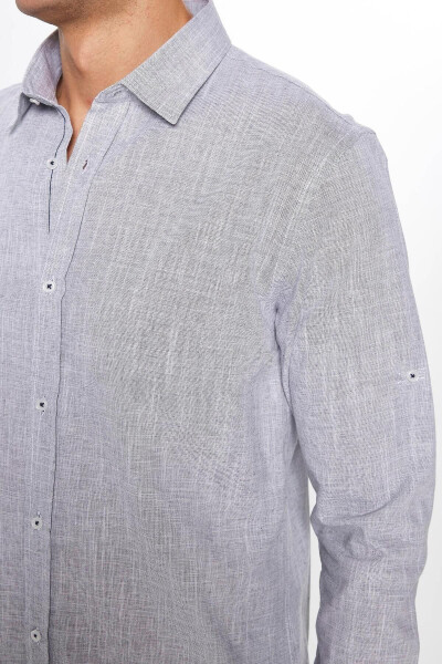 Men's Slim Fit Long Sleeve %100 Cotton Linen Blend Apolet Grey Shirt - 9