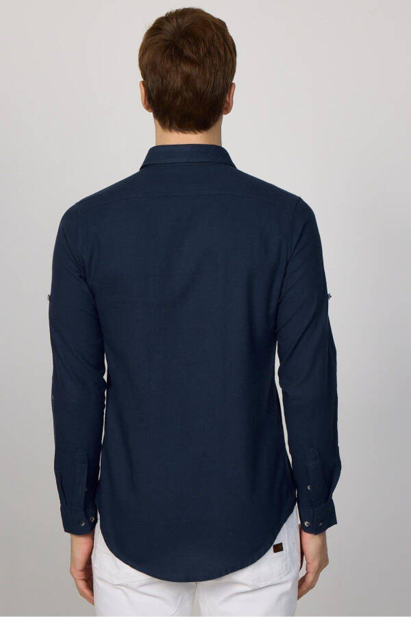 Men's Slim Fit Long Sleeve 100% Cotton Linen Blend Double Pocket Sport Collar Navy Blue Shirt - 5