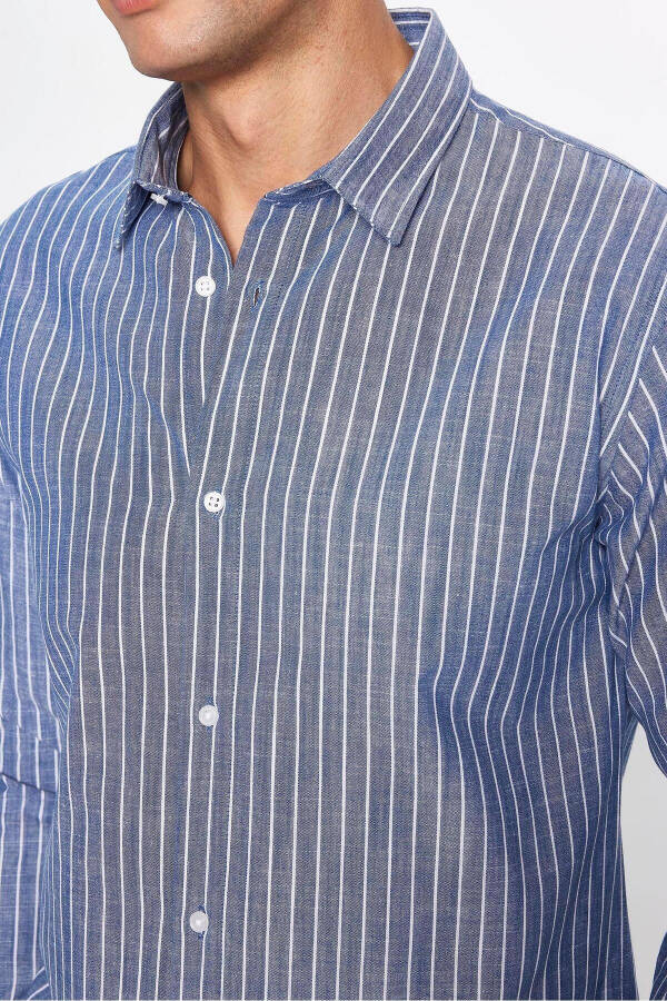 Men's Slim Fit Long Sleeve 100% Cotton Linen Texture Striped Grey Shirt - 4