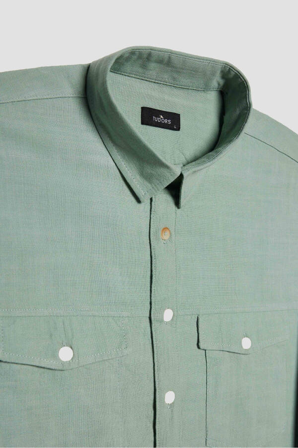 Men's Slim Fit Long Sleeve 100% Cotton Linen Textured Double Pocket Sport Collar Green Shirt - 7