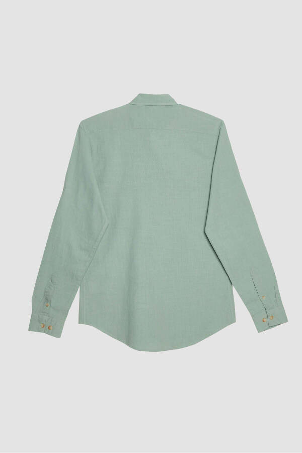 Men's Slim Fit Long Sleeve 100% Cotton Linen Textured Double Pocket Sport Collar Green Shirt - 8