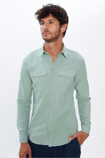 Men's Slim Fit Long Sleeve 100% Cotton Linen Textured Double Pocket Sport Collar Green Shirt - 1