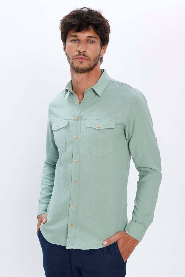 Men's Slim Fit Long Sleeve 100% Cotton Linen Textured Double Pocket Sport Collar Green Shirt - 2