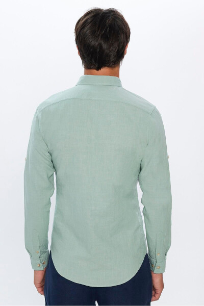 Men's Slim Fit Long Sleeve 100% Cotton Linen Textured Double Pocket Sport Collar Green Shirt - 5