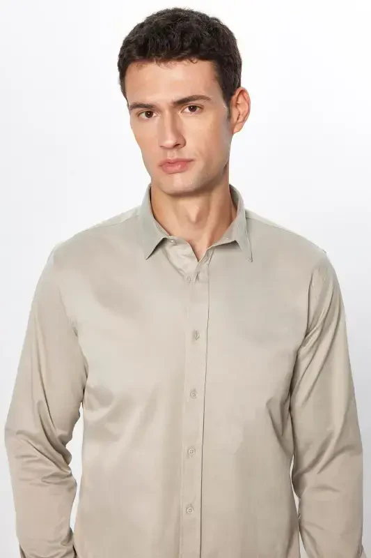 Men's Slim Fit Long Sleeve Cotton Satin Stone Color Shirt - 1