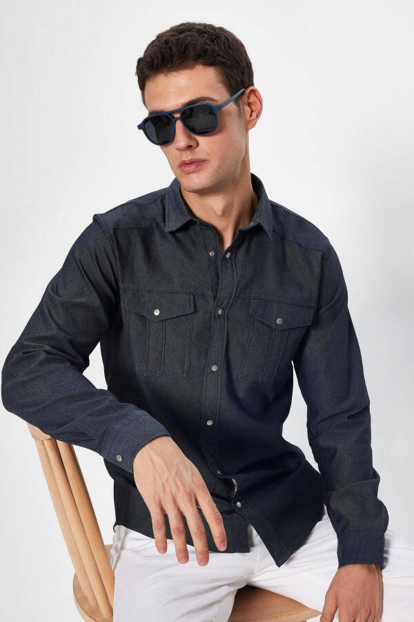 Men's Slim Fit Long Sleeve Denim Shirt with Double Pockets and Sport Collar in Anthracite Wash - 1