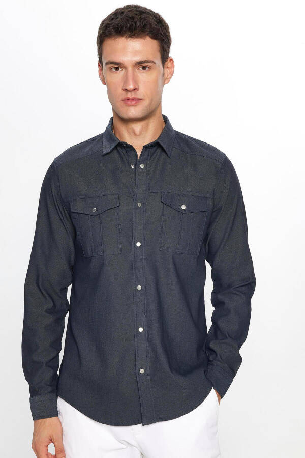 Men's Slim Fit Long Sleeve Denim Shirt with Double Pockets and Sport Collar in Anthracite Wash - 2