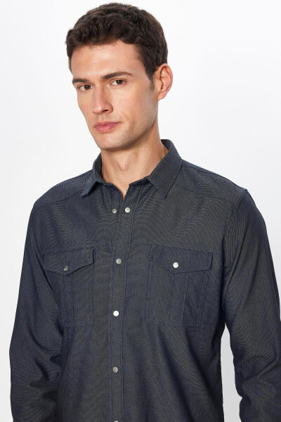 Men's Slim Fit Long Sleeve Denim Shirt with Double Pockets and Sport Collar in Anthracite Wash - 3