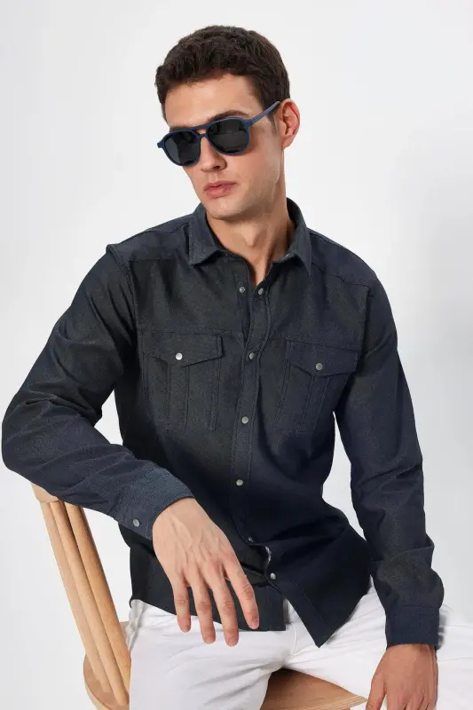 Men's Slim Fit Long Sleeve Denim Shirt with Double Pockets and Sport Collar in Anthracite Wash - TUDORS