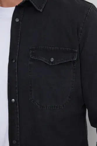 Men's Slim Fit Long Sleeve Denim Shirt with Two Pockets and Snap Buttons - 3