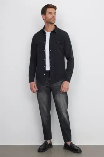 Men's Slim Fit Long Sleeve Denim Shirt with Two Pockets and Snap Buttons - 5