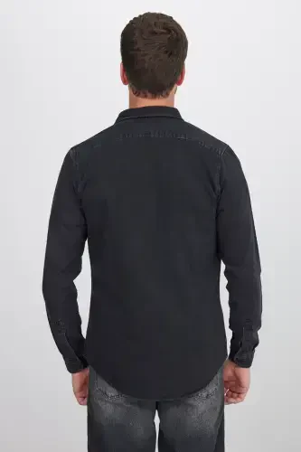 Men's Slim Fit Long Sleeve Denim Shirt with Two Pockets and Snap Buttons - 7