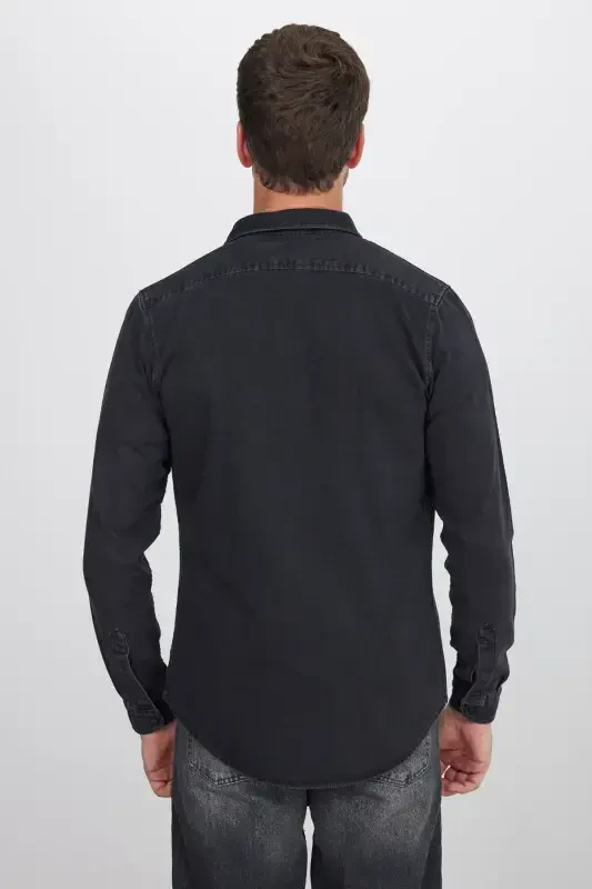Men's Slim Fit Long Sleeve Denim Shirt with Two Pockets and Snap Buttons - 7
